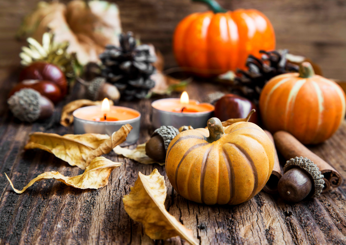 Fall Decoration.Pumpkins,Orange Candles,Cinnamon,Chestnuts and