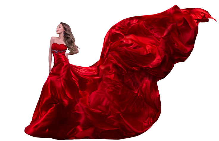 Woman Fashion Red Dress, Gown Waving Wind, Flying Silk Fabric