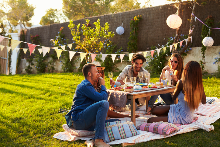 Group Of Friends Enjoying Outdoor Picnic In Garden